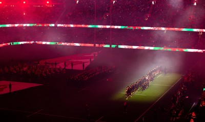 221125 - Wales v New Zealand, Quilter Nations Series - The teams line up for the anthems ahead of the match
