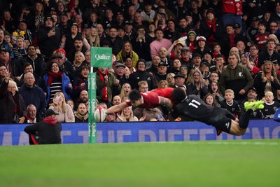 221125 - Wales v New Zealand, Quilter Nations Series - The crowd look on as Louis Rees-Zammit of Wales dives in to score try