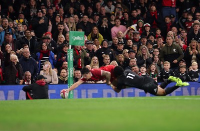 221125 - Wales v New Zealand, Quilter Nations Series - The crowd look on as Louis Rees-Zammit of Wales dives in to score try