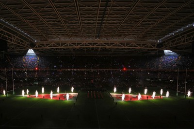 221125 - Wales v New Zealand - Quilter Nations Series - General view inside the stadium of the pre match light show and pyrotechnics