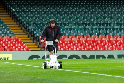 221125 - Wales v New Zealand - Quilter Nations Series - Groundsman marks lines on the Principality Stadium pitch before the match