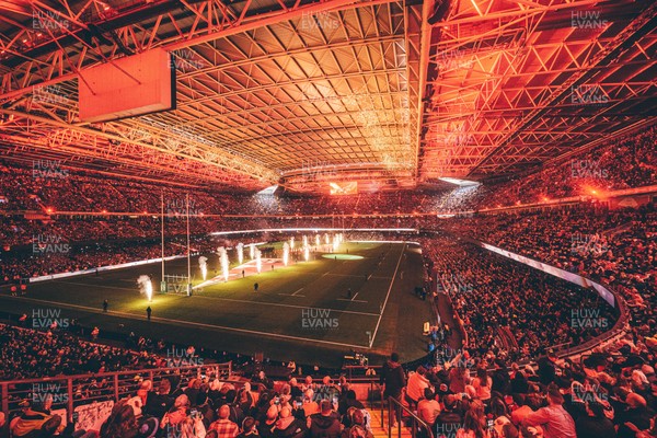 221125 - Wales v New Zealand - Quilter Nations Series - General view of the Stadium light show and pyrotechnics ahead of the game 