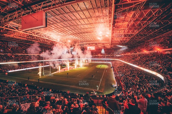 221125 - Wales v New Zealand - Quilter Nations Series - General view of the Stadium light show and pyrotechnics ahead of the game 