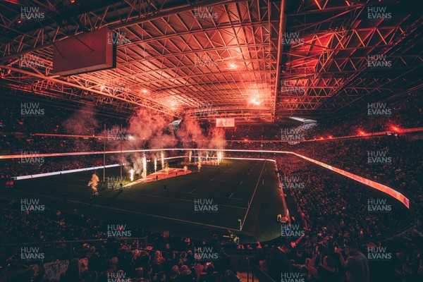221125 - Wales v New Zealand - Quilter Nations Series - General view of the Stadium light show and pyrotechnics ahead of the game 