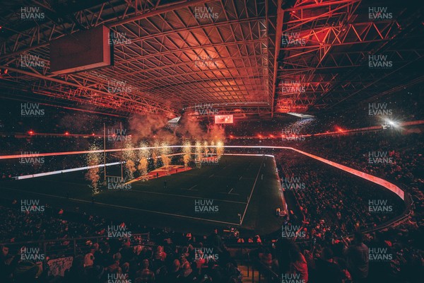 221125 - Wales v New Zealand - Quilter Nations Series - General view of the Stadium light show and pyrotechnics ahead of the game 
