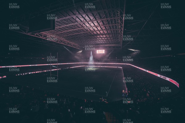 221125 - Wales v New Zealand - Quilter Nations Series - Stadium Pre match light show as the All Blacks perform the Haka