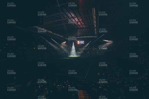 221125 - Wales v New Zealand - Quilter Nations Series - Stadium Pre match light show as the All Blacks perform the Haka