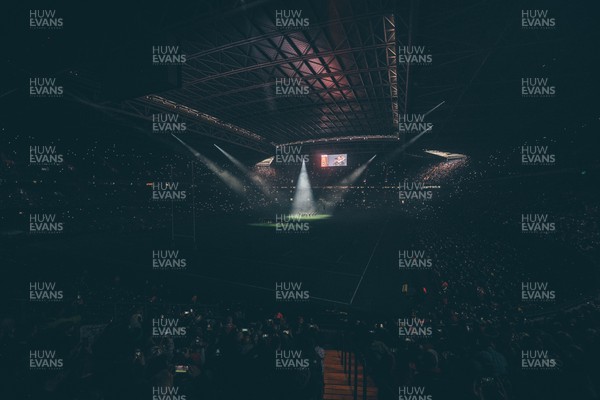 221125 - Wales v New Zealand - Quilter Nations Series - Stadium Pre match light show as New Zealand perform the Haka ahead of the game 