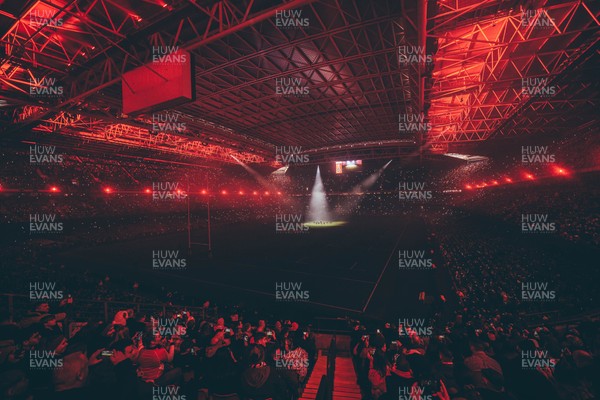 221125 - Wales v New Zealand - Quilter Nations Series - Stadium Pre match light show as New Zealand perform the Haka ahead of the game 