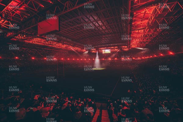221125 - Wales v New Zealand - Quilter Nations Series - Stadium Pre match light show as New Zealand perform the Haka ahead of the game 
