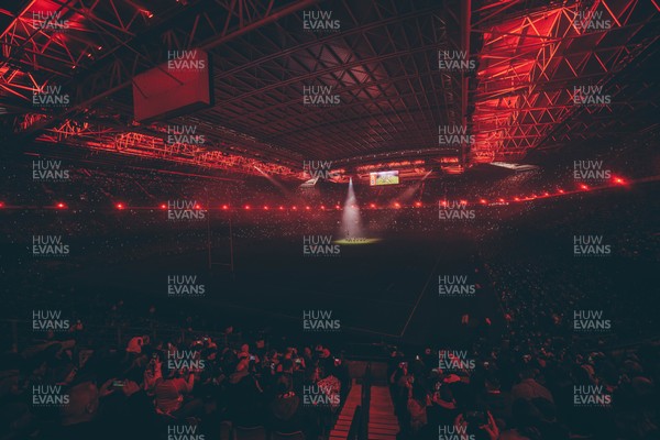 221125 - Wales v New Zealand - Quilter Nations Series - Stadium Pre match light show as New Zealand perform the Haka ahead of the game 