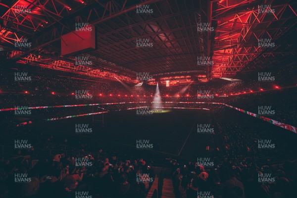 221125 - Wales v New Zealand - Quilter Nations Series - Stadium Pre match light show as New Zealand perform the Haka ahead of the game 