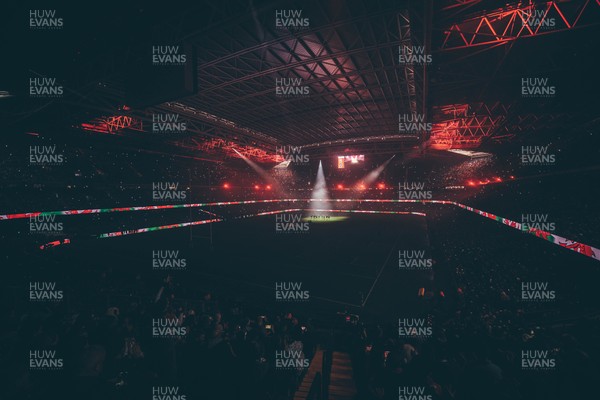221125 - Wales v New Zealand - Quilter Nations Series - Stadium Pre match light show as New Zealand perform the Haka ahead of the game 
