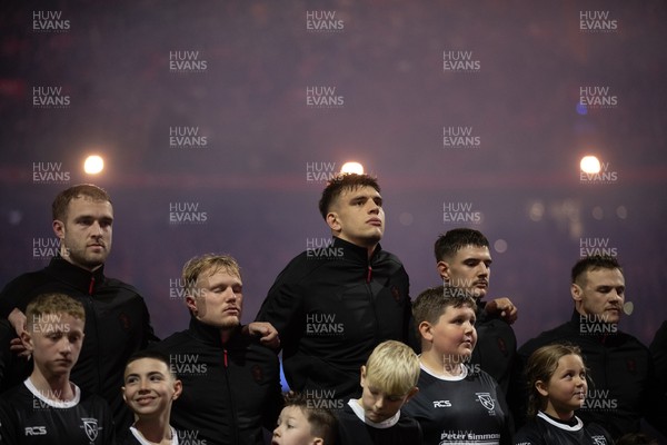 221125 - Wales v New Zealand All Blacks - Quilter Nations Series - Max Llewellyn, Blair Murray, Dafydd Jenkins, Joe Hawkins and Jarrod Evans of Wales during the anthem