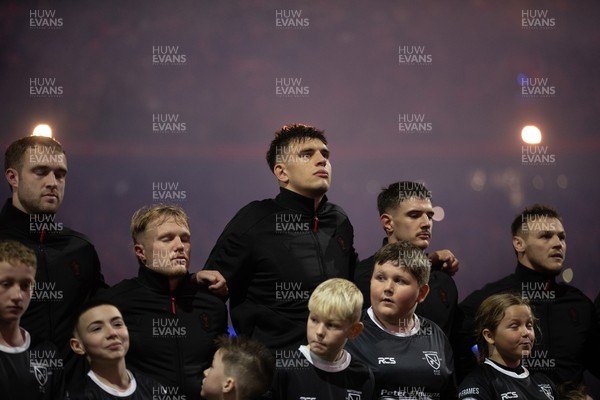 221125 - Wales v New Zealand All Blacks - Quilter Nations Series - Max Llewellyn, Blair Murray, Dafydd Jenkins, Joe Hawkins and Jarrod Evans of Wales during the anthem