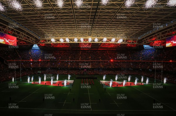 221125 - Wales v New Zealand - Quilter Nations Series - General view inside the stadium of the pre match light show and pyrotechnics