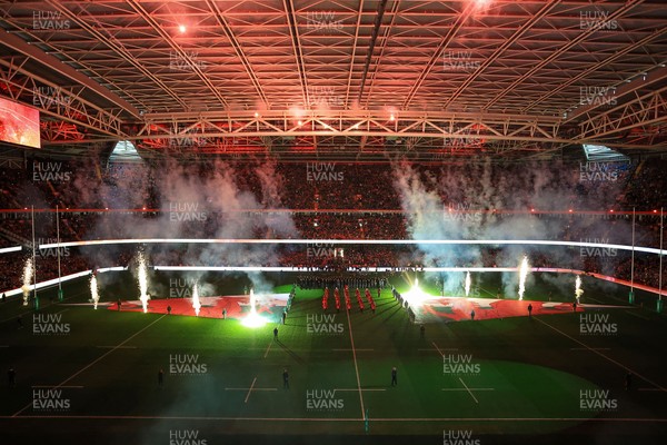 221125 - Wales v New Zealand - Quilter Nations Series - General view inside the stadium of the pre match light show and pyrotechnics