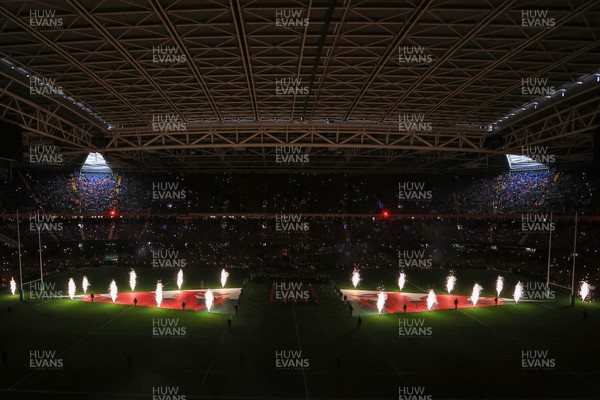 221125 - Wales v New Zealand - Quilter Nations Series - General view inside the stadium of the pre match light show and pyrotechnics