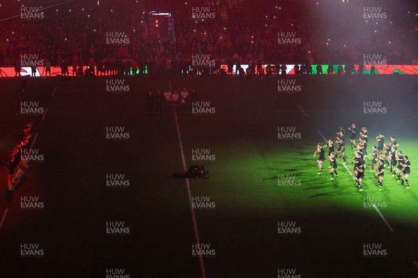 221125 - Wales v New Zealand - Quilter Nations Series - Stadium Pre match light show as the All Blacks perform the Haka