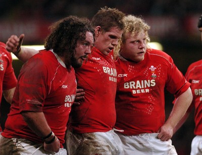 25.11.06 - Wales v New Zealand Wales'  front row - Adam Jones, Rhys Thomas, Duncan Jones 