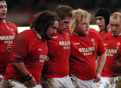 25.11.06 - Wales v New Zealand Wales'  front row - Adam Jones, Rhys Thomas, Duncan Jones 