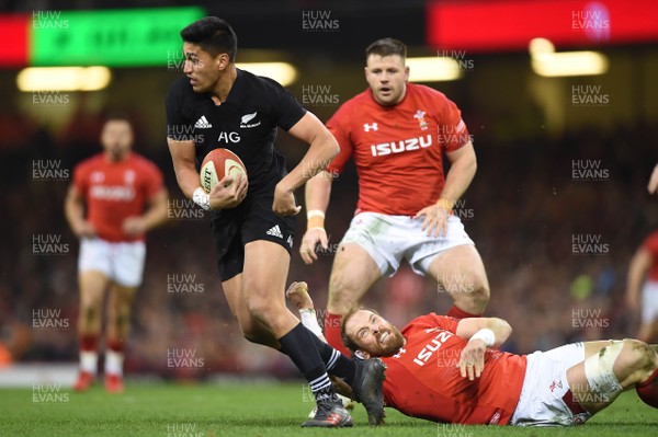 251117 - Wales v New Zealand - Under Armour Series - Rieko Ioane of New Zealand is tackled by Alun Wyn Jones of Wales