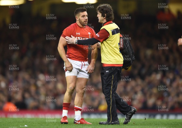 251117 - Wales v New Zealand - Under Armour Series - Rhys Webb of Wales leave the field with Physio Mark Davies