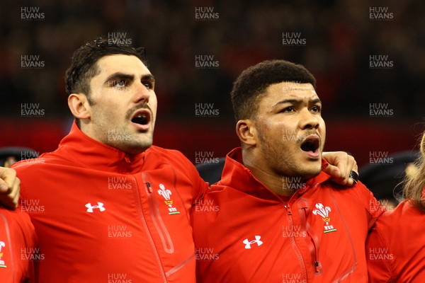 251117 Wales v New Zealand - Under Armour 2017 Series -  Cory Hill(L) and Leon Brown of Wales sing the National Anthem