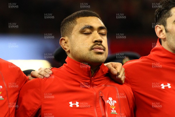 251117 Wales v New Zealand - Under Armour 2017 Series -  Taulupe Faletau of Wales lines up for the National Anthem