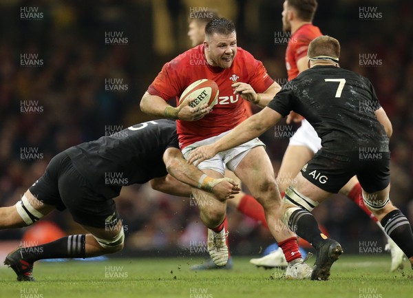 251117 - Wales v New Zealand, Under Armour 2017 Series - Rob Evans of Wales takes on Samuel Whitelock of New Zealand  and Sam Cane of New Zealand