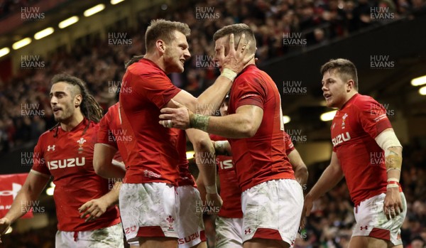 251117 - Wales v New Zealand, Under Armour 2017 Series - Scott Williams of Wales celebrates with Dan Biggar of Wales after scoring try