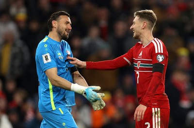 say 181125 - Wales v North Macedonia, FIFA World Cup European Qualifiers - David Brooks of Wales pushes Stole Dimitrievski of North Macedonia 