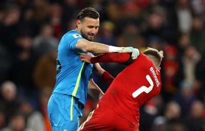 181125 - Wales v North Macedonia, FIFA World Cup European Qualifiers - David Brooks of Wales is pushed by Stole Dimitrievski of North Macedonia 