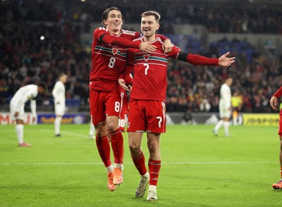 181125 - Wales v North Macedonia, FIFA World Cup European Qualifiers - David Brooks of Wales celebrates scoring a goal with Harry Wilson