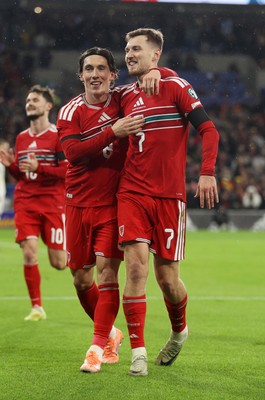 181125 - Wales v North Macedonia, FIFA World Cup European Qualifiers - David Brooks of Wales celebrates scoring a goal with Harry Wilson