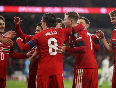 181125 - Wales v North Macedonia, FIFA World Cup European Qualifiers - David Brooks of Wales celebrates scoring a goal with team mates