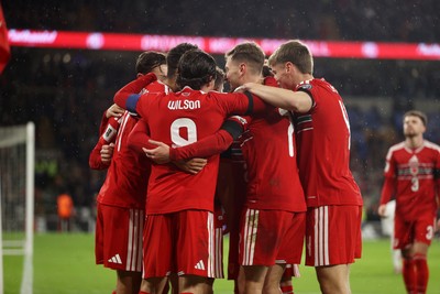 181125 - Wales v North Macedonia, FIFA World Cup European Qualifiers - David Brooks of Wales celebrates scoring a goal with team mates