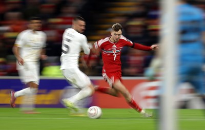 181125 - Wales v North Macedonia, FIFA World Cup European Qualifiers - David Brooks of Wales is challenged by Gjoko Zajkov of North Macedonia 