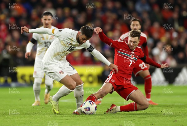 181125 - Wales v North Macedonia, FIFA World Cup European Qualifiers - Isnik Alimi of North Macedonia is challenged by David Brooks of Wales 