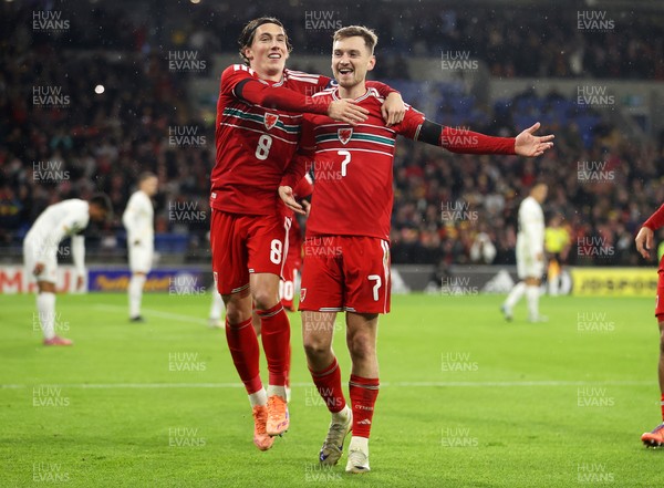 181125 - Wales v North Macedonia, FIFA World Cup European Qualifiers - David Brooks of Wales celebrates scoring a goal with Harry Wilson