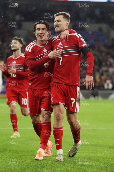 181125 - Wales v North Macedonia, FIFA World Cup European Qualifiers - David Brooks of Wales celebrates scoring a goal with Harry Wilson