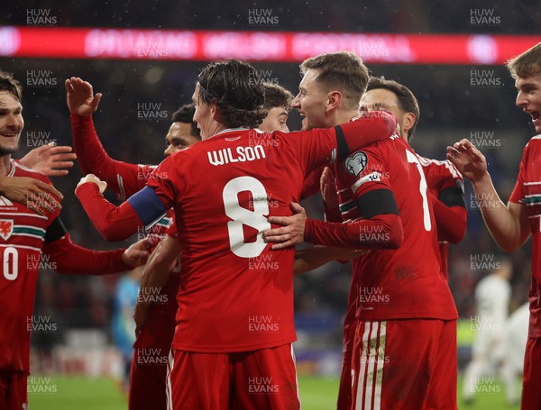 181125 - Wales v North Macedonia, FIFA World Cup European Qualifiers - David Brooks of Wales celebrates scoring a goal with team mates