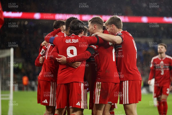 181125 - Wales v North Macedonia, FIFA World Cup European Qualifiers - David Brooks of Wales celebrates scoring a goal with team mates