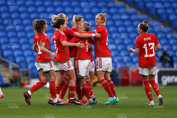 060423 - Wales v Northern Ireland - Women�s International Friendly - Jess Fishlock of Wales celebrates scoring a goal with team mates