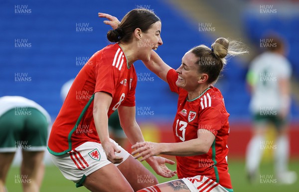 060423 - Wales v Northern Ireland - Women�s International Friendly - Angharad James of Wales celebrates scoring a goal with Rachel Rowe
