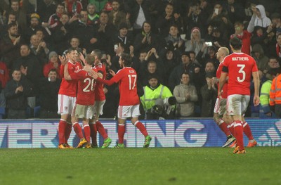 240316 - Vauxhall International Friendly - Wales v Northern Ireland -Simon Church of Wales celebrates the equaliser