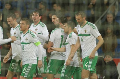 240316 - Vauxhall International Friendly - Wales v Northern Ireland -Craig Cathcart of Northern Ireland celebrates his goal