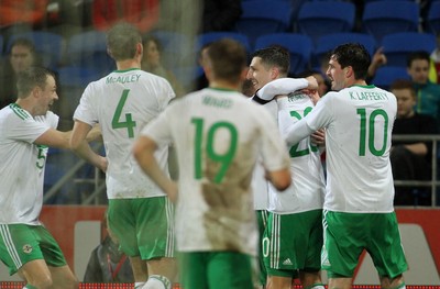 240316 - Vauxhall International Friendly - Wales v Northern Ireland -Craig Cathcart of Northern Ireland celebrates his goal