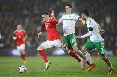 240316 - Wales v Northern Ireland, International Friendly - Tom Lawrence of Wales gets between Patrick McNair of Northern Ireland and Conor McLaughlin of Northern Ireland