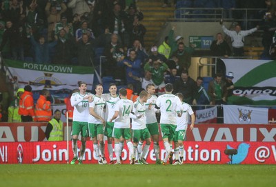 240316 - Wales v Northern Ireland, International Friendly - Northern Ireland celebrate after scoring goal